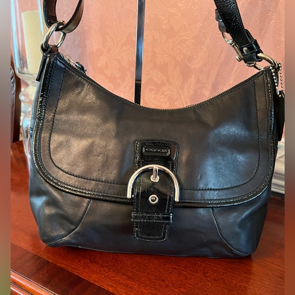 Coach Black Leather w/ Patent Leather Trim Hobo/Satchel. Adjustable Strap - Picture 1 of 10